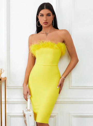 Lessie Strapless Feather Bandage Dress - SunsetFashionLA